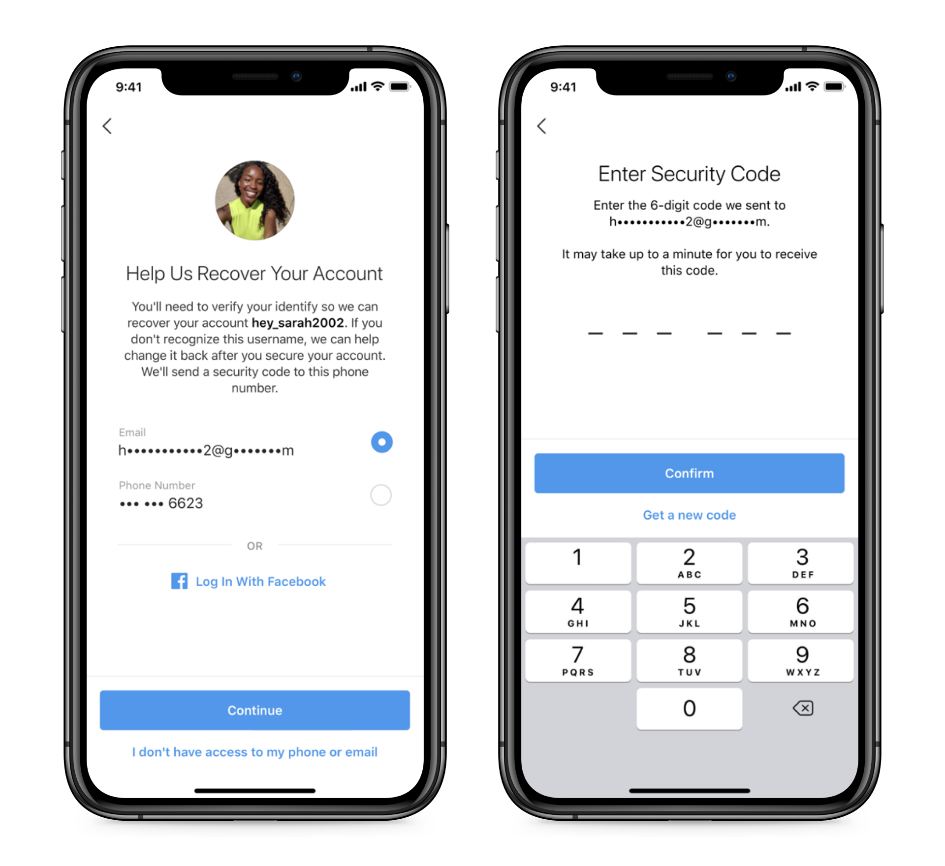 Screenshots of updating your phone number and email on Instagram